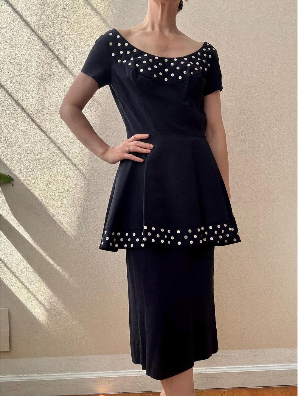 Vintage 1940 Navy Button Embellished Peplum Cocktail Dress